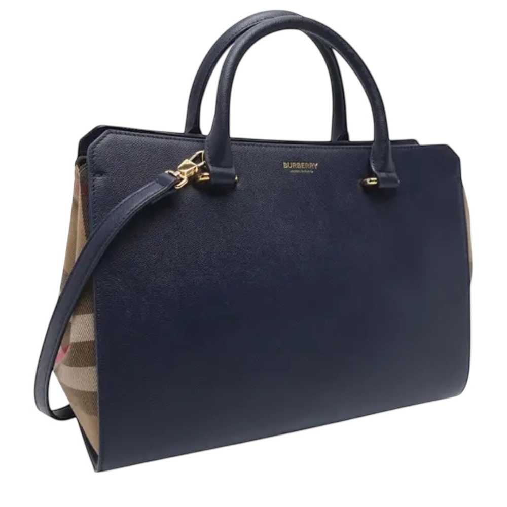 Burberry Banwell Leather Tote – Navy House Check Satchel with Gold Hardware